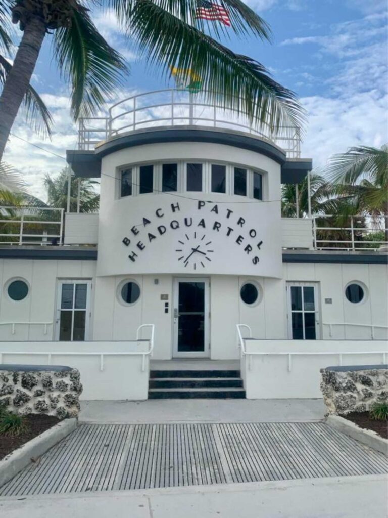 The front of the Beach Patrol Headquarters in Miami, an Art Deco building designed by Robert Taylor in 1934